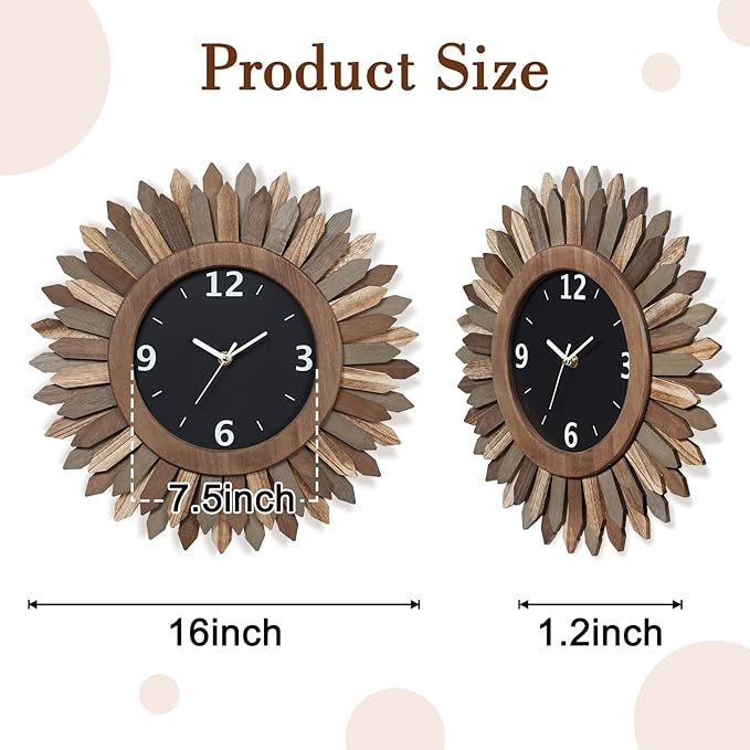 Honiway 16 Inch Wall Clocks, Rustic Wood Boho Sunburst Decorative Wall Clock Battery Operated Silent Non Ticking Farmhouse Large Wall Clocks for Living Room Kitchen Bedroom Home Decor (Tricolor)