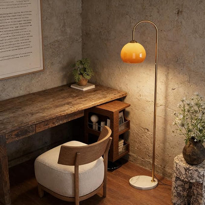 MIXL-Gradient Orange Shade Arc Floor Lamp,Gold Standing Light with Marble Base,Mid Century Modern Standing Lamps for Living Room Bedroom