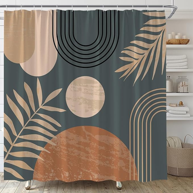Mid Century Modern Shower Curtain Boho Grey Abstract Retro Aesthetic Fabric for Bathroom Decor Bathtub with Hooks (70" WX74.8 H)