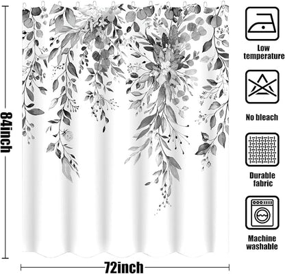 84 Inch Extra Long Gray and White Eucalyptus Shower Curtain Watercolor Grey Floral Plant Leaf Shower Curtains for Bathroom Flower Waterproof Fabric Bath Curtain with Hooks (Black, 72'' x 84'')