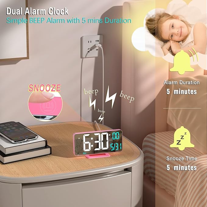 Pink Digital Clock for Bedroom 6.7in Dual Alarm Clock