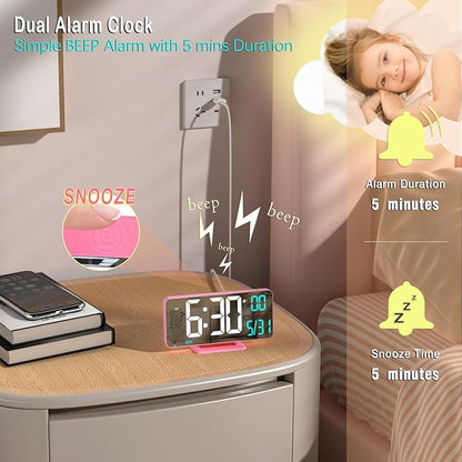 Pink Digital Clock for Bedroom 6.7in Dual Alarm Clock