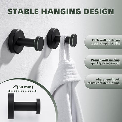 APLusee Matte Black Robe Towel Hook for Bathroom, 2 Pack Stainless Steel Coat Hooks, Heavy Duty Wall Hangers Wall Mounted