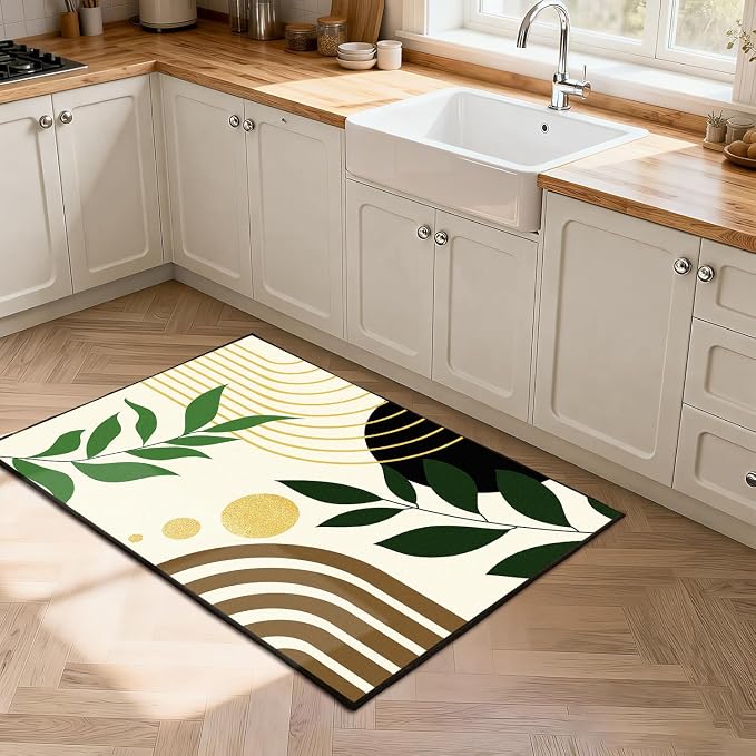 Modern Abstract Rug Geometric Area Rug Boho Green Leaf Floor Mat Soft Washable Carpet for Bedroom Living Room Kitchen Nursery Playroom Home Decor 6'x9'