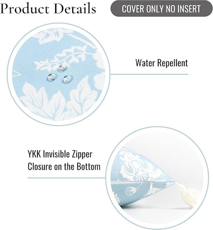 Hofdeco Premium Coastal Hampton Style Patio Indoor Outdoor Throw Pillow Cover Only, 18"x18" Water Resistant for Backyard, Couch, Baby Blue Floral Tassel