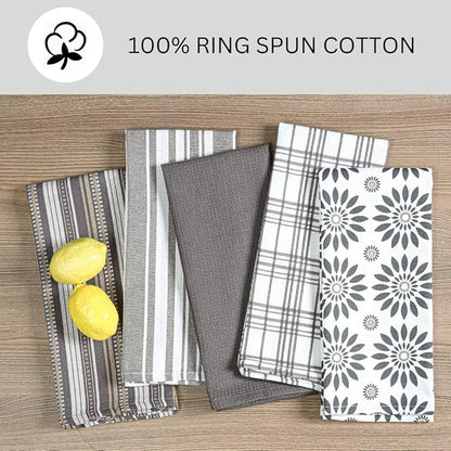 Assorted Kitchen Towels 100% Cotton Large 16x26 Inch Set of 5 - Soft Highly Absorbent Durable Reusable - Perfect for Drying Cleaning Everyday Kitchen Use - Quick Drying Dish Towels Grey