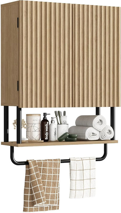 RUSTOWN Fluted Bathroom Wall Cabinet with 2 Doors, 3-Tier Modern Farmhouse Medicine Cabinet, Over The Toilet Storage Cabinet with Adjustable Shelf and Towel Bar (Natural, Medium)