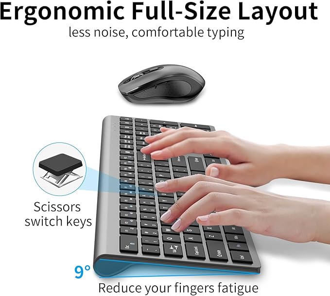 Keyboard and Mouse Wireless, Slim Full Size Keyboard with Calculator Button, Fn Lock, Silent Computer Mouse with Side Button, 2400 DPI, 2.4G USB Cordless Set for Laptop PC Windows Mac -Gray