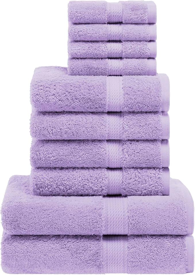 Superior Egyptian Cotton Pile 10 Piece Towel Set, Includes 2 Bath, 4 Hand, 4 Face Towels/Washcloths, Ultra Soft Luxury Towels, Thick Plush Essentials, Guest Bath, Spa, Hotel Bathroom, Purple