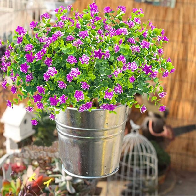 10 Bundles Artificial Fake Flowers, Faux Outdoor Plastic Plants UV Resistant Shrubs Outside Indoor Decorations (Purple-Eucalyptus)