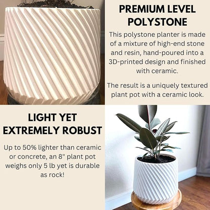 Fox & Fern Large Indoor Planter, Modern Large Plant Pot for Indoor or Outdoor, UV and Frost Resistant - 8 Inch, Polystone, Matte White Flower Pot with Drainage Plug, 3D Printed Design