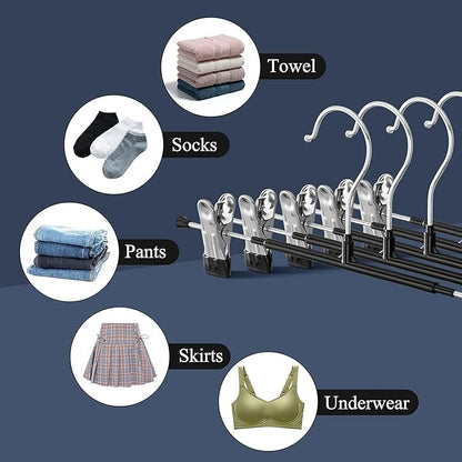 Pants Hangers with Clips 60 Pack Adjustable Skirt Hangers for Women Non-Slip Trousers Hanger for Jeans Clothes Hangers for Pants Heavy Duty Space Saving Shorts Hangers,Black,12Inch