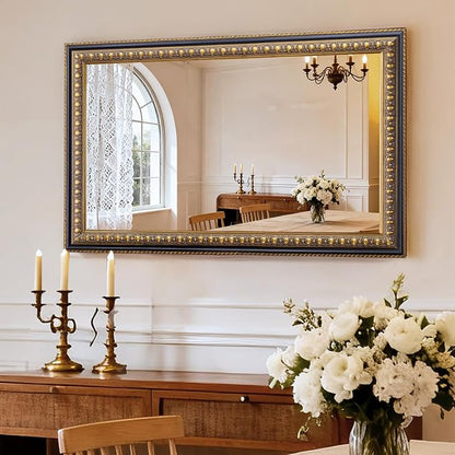 Vintage Gold Mirror for Wall Decor, 43" L x 27" W Baroque Mirror with Carved Frame and Handmade Aged Gold Finish, Rectangular Wood Mirrors for Living Room Bathroom Fireplace