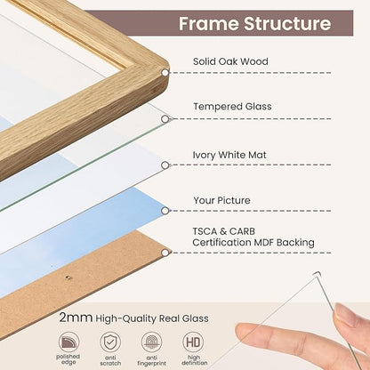 11x14 Picture Frame - Solid Oak Wood 11x14 Picture Frame With Mat For 8x10, 11''x14'' Poster Frame, Plexiglas and Hanging Hardware Included, 11 By 14 Poster Frame Wood, Natural Oak