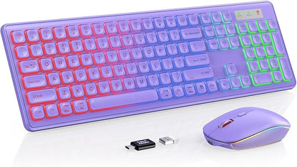 Wireless Keyboard and Mouse Combo, RGB Backlit, Rechargeable & Light Up Letters, Full-Size, Soft Typing, Sleep Mode, 2.4GHz Quiet Keyboard Set for Mac, Windows, Laptop, PC, Trueque (Purple)