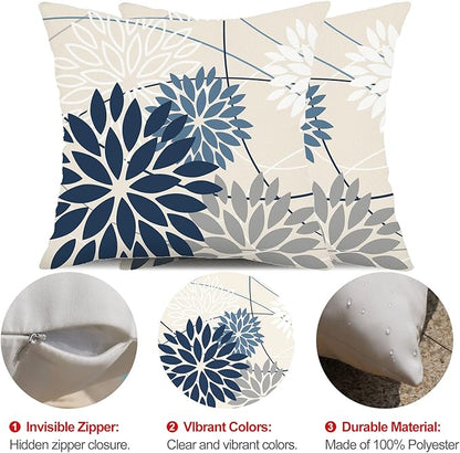 Blue and Gray Floral Pillow Covers 20x20 Set of 2 Outdoor Waterproof White Colored Decorative Throw Pillows Summer Pillowcase Polyester Cushion Case Decor for Couch Patio Funiture Garden Porch 01B20