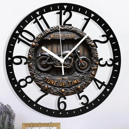 Metal Wall Clock for Living Room -10" Motorcycle Wall Decor Garage Art Vintage Bike Silent Non Ticking,Battery Operated, Antique Wood Clocks for Farmhouse,Dining Room,Bedroom,Kitchen Clock Wall Decor-