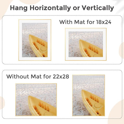 22x28 Metal Picture Frame For Wall With Mat For 18x24, 22''x28'' Aluminum Photo Frames With Tempered Glass For Home Decor, Minimalist Modern Poster Frame Horizontally Vertically Set of 2, Gold