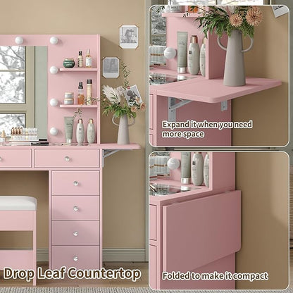 Vanity Desk with Power Outlet, 11 Drawers Makeup Vanity with Lighted Mirror, 3 Colors Adjustable, Glass Top Vanity with Chair, 4 Shelves and Fold-up Panel, Dressing Table for Bedroom, Pink