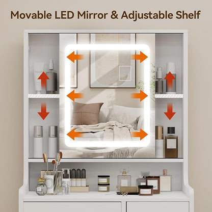 YOURLITE Small Vanity Desk with Mirror and Lights,Makeup Vanity Table with Chair and Drawers for Small Space, Compact Dressing Table with Sliding Door for Bedroom