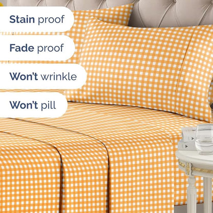 Yellow Gingham Sheets - 1 Flat & 1 Fitted Sheet & 2 Pillowcases w/ Deep Pockets - Grid, Plaid, Checkered Pattern Bed Set - Comfy, Wrinkle & Fade Resistant - Ultra-Soft, Breathable & Cooling -Full Size
