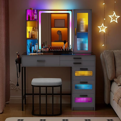 Vanity Desk with Mirror and RGB Lights，Glass top Makeup Vanity Table Set with Stool & Charging Station, Dressing Table with RGB Cabinet,6 Drawers,Lipstick Grid for Bedroom,Grey