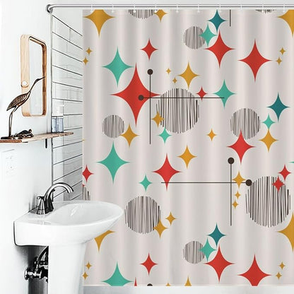 Mid Century Modern Shower Curtain,Atomic Starburst Geometric Diamond Pattern Shower Curtains Set for Bathroom Fabric Decorative Bath Curtain Washable Curtain Hooks, 72x72 inch