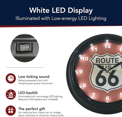 American Art Decor Route 66 LED Wall Clock - 12" Vintage Americana Modern Decor, Battery‑Operated Quartz, Retro Shield for Living Room, Garage, Mancave, Office (Red/Off‑White/Black)