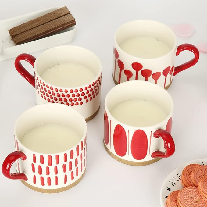 Koja Hand Painted 15 oz. Porcelain Ceramic Mugs Set. Service for 4. (Hand Painted - Red)