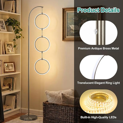 Bairth Silver 3-Light LED Floor Lamp, Modern Arc Floor Lamp for Living Room, Industrial Stepless Dimmable & 3-Way Dimmable Tall Arch Standing Floor Lamp for Reading, Bedroom, Office, Brushed Nickel