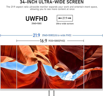 Gawfolk 34 Inch IPS Ultrawide 120Hz Gaming Computer Monitor, 21:9 UWFHD (2560x1080) PC Screen, 120% sRGB, Adaptive Sync, 178° Viewing Angle, Display Port, HDMI, Compatible with Wall mounting - White