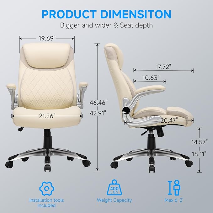 GTRACING Big and Tall High Back Office Chair 400LBS Wide Leather Executive Chair Height Adjustable Lumbar Support & Armrests, Comfy Desk Gaming Chairs Computer Swivel Chair, Beige