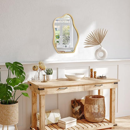 Gold Mirror for Wall Decor Small Asymmetrical Modern Wooden Framed Hanging Wall Mirror Unique Shape Wall Mounted Vanity Artistic Mirror Decorative for Living Room Bedroom Bathroom Entryway