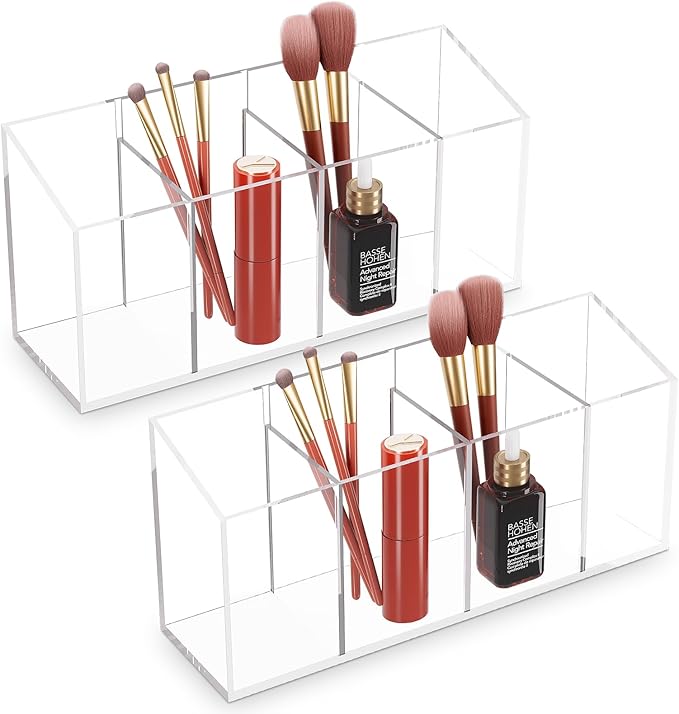 Acina 2PCS Clear Makeup Brush Holder Organizer, Acrylic Cosmetic Brushes Storage with 4 Slots, Eyeliners Display Case for Vanity Countertop
