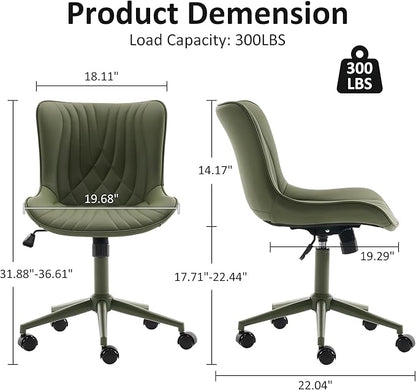 YOUTASTE All Olive Green Office Chair, Modern Armless Desk Chair with Back, Adjustable Swivel Rolling Faux Leather Task Chair with Wheels Metal Base for Home Office, Study, or Vanity