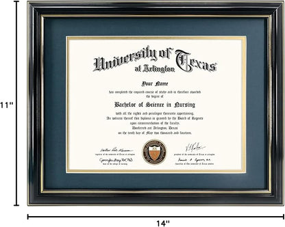 GraduationMall 8.5x11 Diploma Frame with Navy over Gold Mat or Display 11x14 Certificate without Mat,Solid Wood & UV Protection Acrylic,Glossy Black Finish with Gold Trim