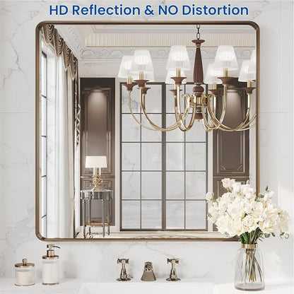 WEER Bronze Bathroom Mirror 36x36 Inch, Farmhouse Oil Rubbed Frame for Wall, Aluminum Alloy Brushed Metal, Vanity, Tempered Glass, Anti-Rust (Horizontal/Vertical)