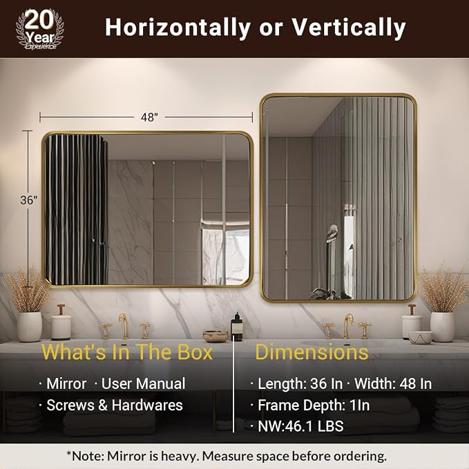 ANDY STAR 48x36 Inch Gold Bathroom Mirror, Brushed Gold Mirrors for Wall in Anti-Rust SUS304 Tube Metal Frame, Rounded Rectangle Mirrors 1’’ Deep Wall Mounted Vertically/Horizontal for Bathroom