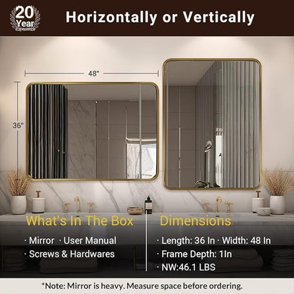 ANDY STAR 48x36 Inch Gold Bathroom Mirror, Brushed Gold Mirrors for Wall in Anti-Rust SUS304 Tube Metal Frame, Rounded Rectangle Mirrors 1’’ Deep Wall Mounted Vertically/Horizontal for Bathroom