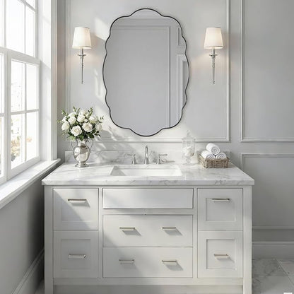 ANDY STAR Brushed Nickel Wavy Oval Bathroom Mirror, 26x38 Inch Silver Scalloped Wall Mirror, Unique Irregular Wall Mirror with Sophisticated Curved Design