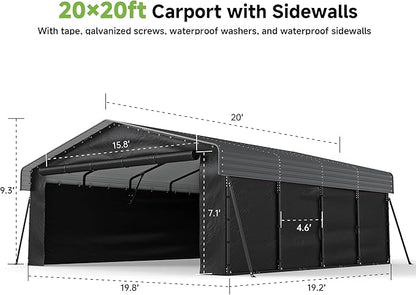 Real Relax 20x20ft Heavy Duty Metal Carport, Galvanized Steel Roof with Removable Sidewalls, 4 Support Legs, Outdoor Car Port Shelter for 2 Car Carport, Trucks and Boats