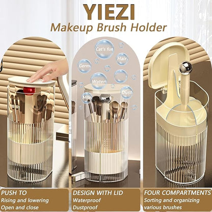 Makeup Brush Holder with Lid, One-Hand Press Open/Close Mechanism Cosmetic Tools Organizer, Clear Waterproof Dustproof Make Up Storage for Vanity, Bathroom Countertop-Cream-Silver Ball