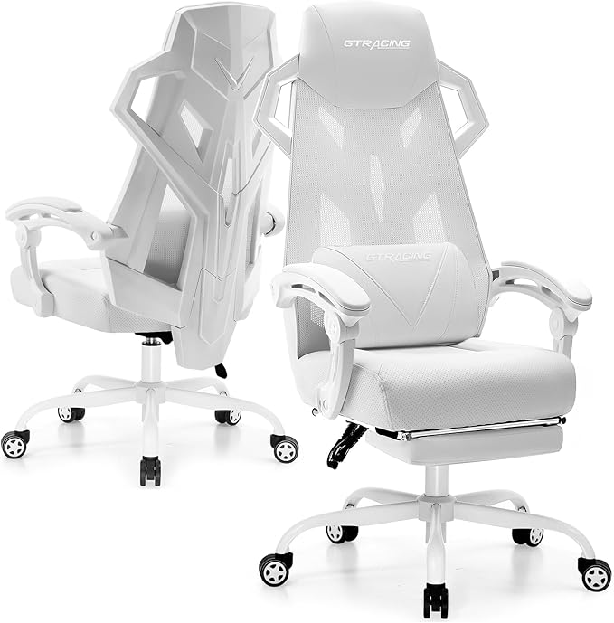 GTRACING Gaming Chair, Computer Chair with Mesh Back, Ergonomic Game Chair with Footrest, Reclining Game Chair with Adjustable Headrest and Lumbar Support for Gaming and Office (White)