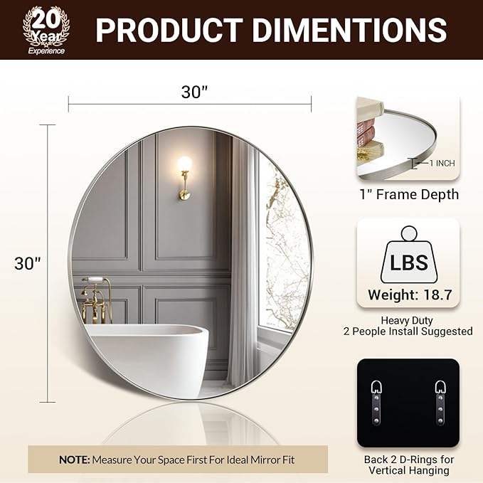 ANDY STAR 30" Round Brushed Nickel Bathroom Mirror, Silver Wall Mirror for Bathroom，Metal Round Circle Mirror for Wall, Bathroom (Premium Stainless Steel Frame)