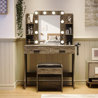 Maupvit Vanity Desk with Mirror and Lights,Makeup Vanity Table Set with Power Outlet,3 Lighting Modes & Adjustable Brightness Dressing Table with 2 Drawers for Bedroom Dressing Room,Light Oak Grey