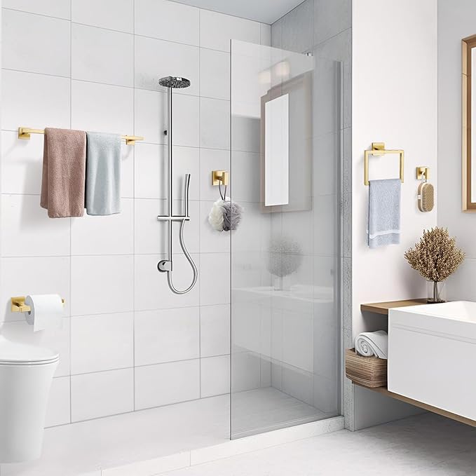 TQKAG Brushed Gold Bathroom Hardware Accessories Set 10 Pieces, 23.6" SUS304 Stainless Steel Towel Bar Set Wall Mounted Includes Single Towel Bar, Towel Ring, Toilet Paper Holder, Double Towel Hooks