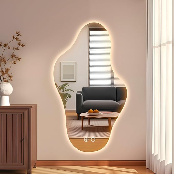 Modern Irregular LED Bathroom Mirror with Lights, Asymmetrical Frameless Smart Lighted Wall Mirror for Living Room Entryway, Large Decorative Makeup Vanity Mirror with Touch Switch(27.2″x47.2″)
