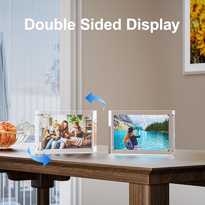 5 Pack 4x4 Acrylic Picture Frames - 20% Thicker Double Sided Magnetic Frame with UV Protection - Freestanding Clear Frameless Display for Tabletops - Modern Photo Frame Set for Home & Office Decor