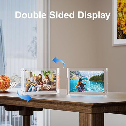 5 Pack 4x4 Acrylic Picture Frames - 20% Thicker Double Sided Magnetic Frame with UV Protection - Freestanding Clear Frameless Display for Tabletops - Modern Photo Frame Set for Home & Office Decor