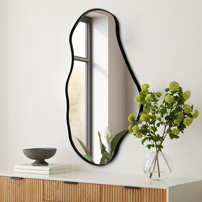 Irregular Wall Mirror, 30"x20" Asymmetrical Decorative Accent Mirror with Black Metal Frame, Organic Shape Mirrors for Entryway Bedroom Living Room, Horizontal or Vertical Hanging ﻿